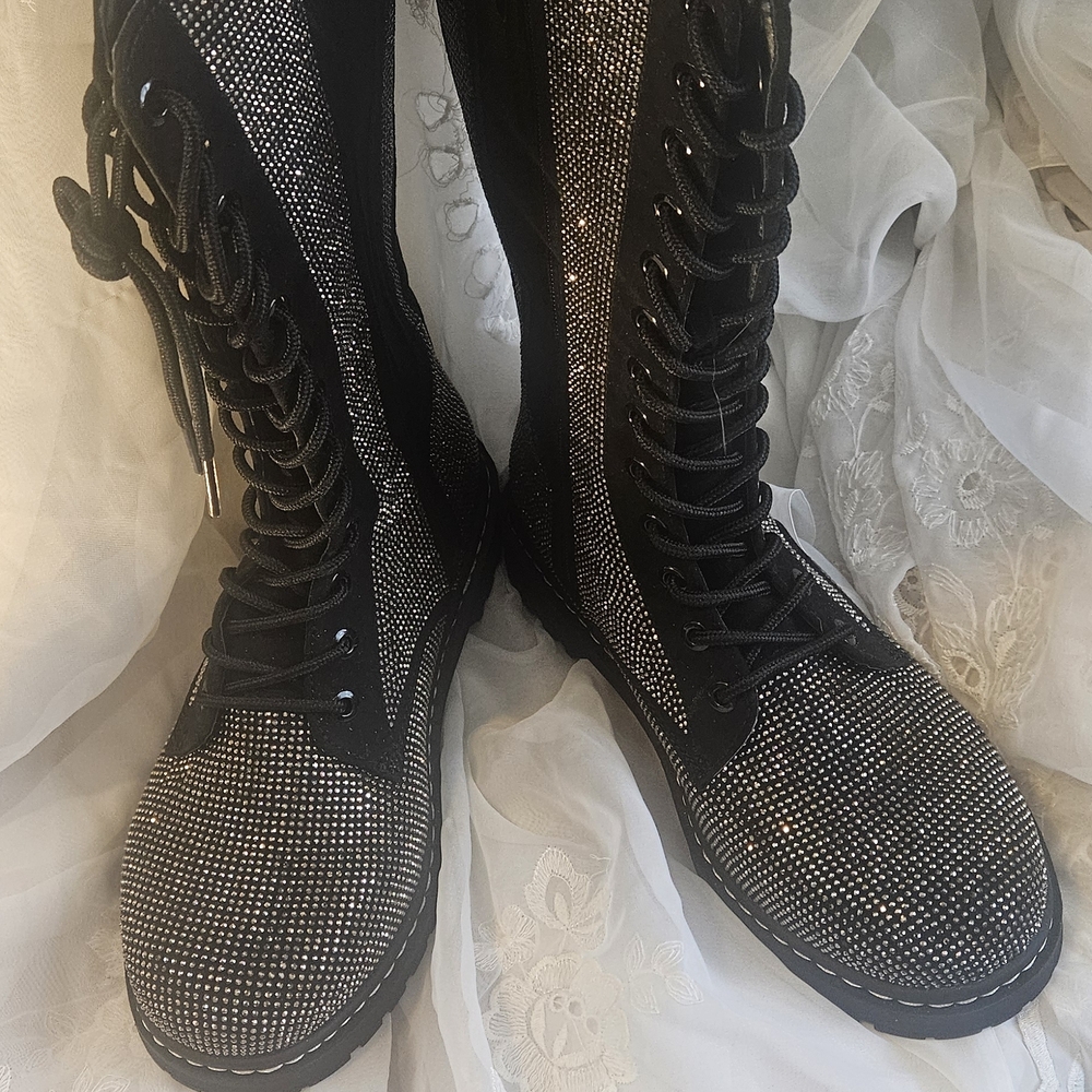 Women's Black Rhinestone Lace-Up Combat Boots - Picture 2 of 10
